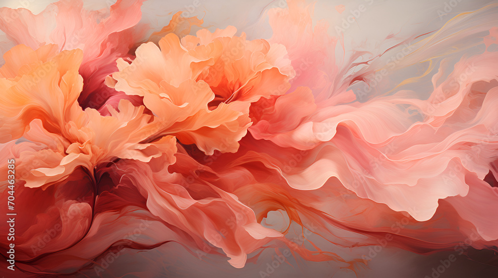 Abstract art with flowing salmon pink and peach hues, simulating the graceful and soft texture of a fabric in the wind. This image can be used in marketing materials for luxury goods