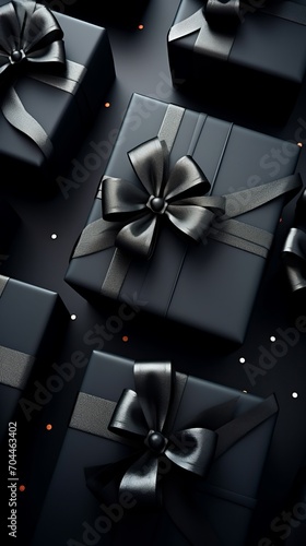A group of black presents wrapped in silver ribbon