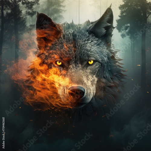 Double exposure Portrait Poster for a forest fire inside a wolf © cristian
