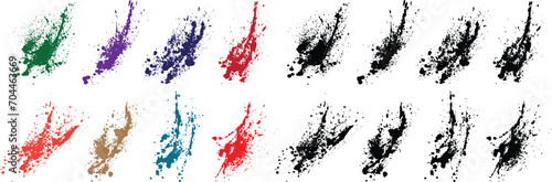 Distress set of black, purple, green, red, orange, wheat color bleed paint splatter grunge brush stroke background photo