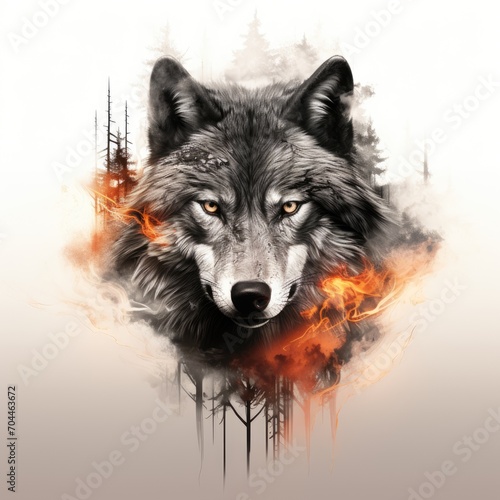 Double exposure Portrait Poster for a forest fire inside a wolf
