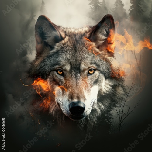 Double exposure Portrait Poster for a forest fire inside a wolf