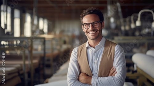 Happy Businessman in textile factory, clean background 