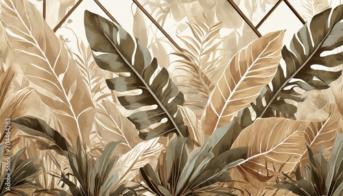 graphic illustration of a greenhouse floral wallpaper with exotic brown leaves in beige colors jungle leaves abstract botanical background illustration for photo wallpaper wallpaper mural card