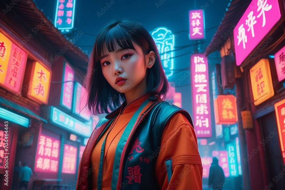 Urban Glow Goddess: Stylish Woman Embracing Cyberpunk Chic in Neon-Lit City