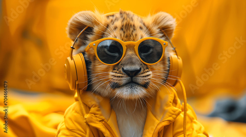 funny lion cub with headphones and sunglasses in yellow