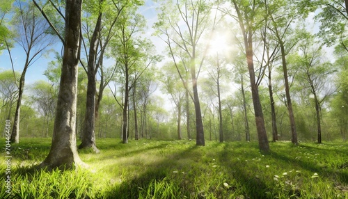 view of spring forest wuth green grass and trees at sunny day