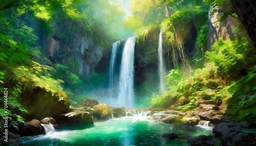 a scenic view of a waterfall in a lush forest with a hidden cave behind it fantasy concept illustration painting generative ai © Enzo