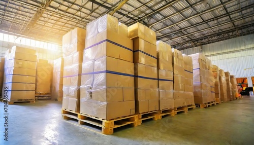 package boxes wrapped plastic stacked on pallets warehouse shipping distribution storehouse shipment boxes supply chain cargo supplies warehouse logistic © Enzo