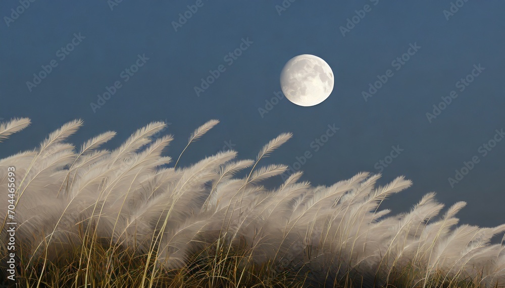 silver grass and the moon full moon moon viewing generative ai - obrazy, fototapety, plakaty 