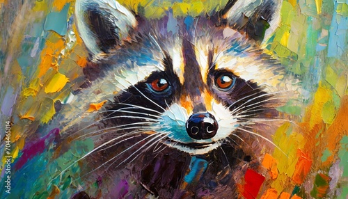 oil raccoon portrait painting in multicolored tones conceptual abstract painting of a raccoon muzzle closeup of a painting by oil and palette knife on canvas © Enzo