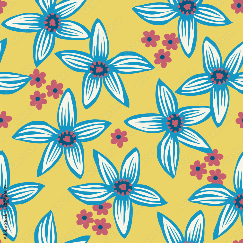 Coloful flowers arranged on a yellow background. Seamless pattern wallpaper.