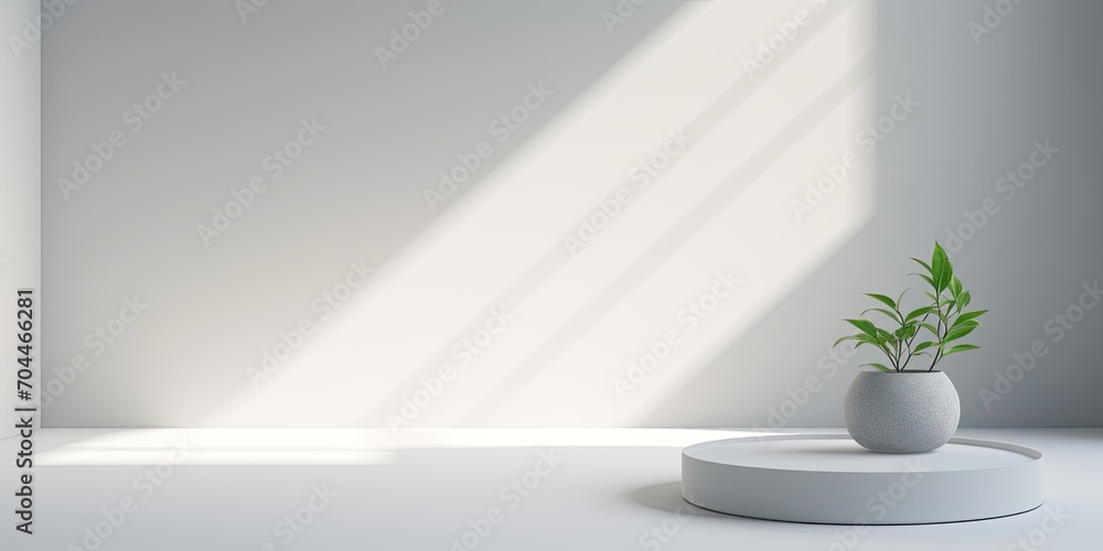 Minimalistic white studio with podium background for showcasing products. Empty gray room with window shadows. Presenting product against blurred backdrop. Minimalistic white studio with podium background for showcasing products. Empty gray room with window shadows. Presenting product against blurred backdrop.