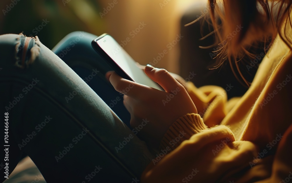 Close-up of teenage girl's phone and hand, blank iphone screen in hyper-realistic photography style, warm light, yellow shirt and ripped jeans, daylight, teenager's room as blurred background