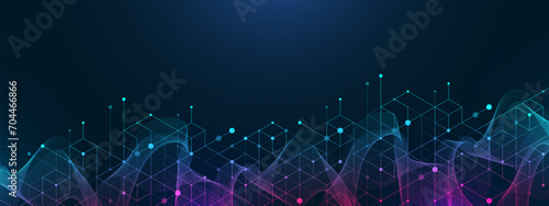 Technology abstract lines and dots connect background with hexagons. Hexagons connection digital data and big data concept. Hex digital data visualization. Vector illustration