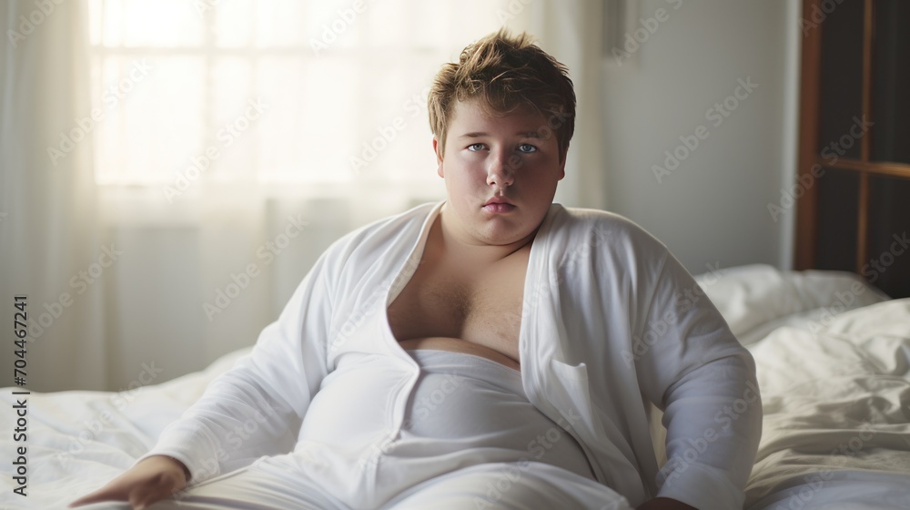 Portrait of a chubby teenager in thin white pajamas on the bed in the morning. Portrait of a chubby teenager in thin white pajamas on the bed in the morning.