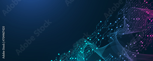 Quantum computer technologies concept. Futuristic blue circuit board background vector. Modern technology circuit board texture background design. Waves flow. Quantum explosion technology.
