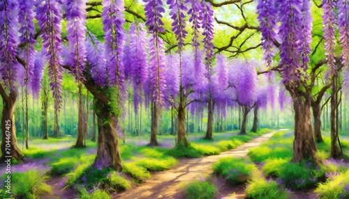 wisteria trees in the forest beautiful spring landscape digital oil painting printable square artwork