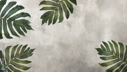 abstract drawn exotic tropical leaves on concrete grunge wall floral background design for wallpaper photo wallpaper mural card postcard