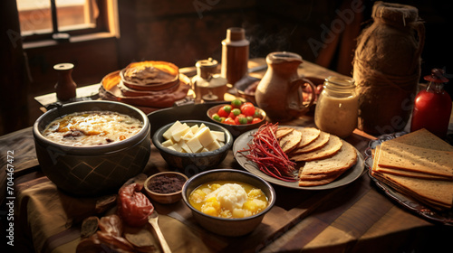 Traditional Romanian breakfast, food, meal, dish, cooking, restaurant, delicious, cuisine, grill, plate, gourmet, eggs, sousace, bacon, meat, pork, grilled, fried, sauce, cooked, landscape format 16:9 photo