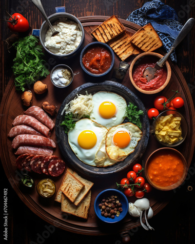 Traditional Romanian breakfast, food, meal, dish, cooking, restaurant, delicious, cuisine, grill, plate, gourmet, eggs, sousace, bacon, meat, pork, grilled, fried, sauce, cooked, mobile format 4:5