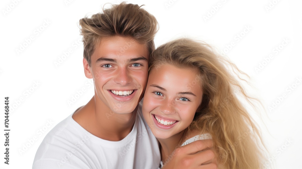 Young couple with Valentine's Day concept, teen happy smiling couple, isolated on white background Young couple with Valentine's Day concept, teen happy smiling couple, isolated on white background