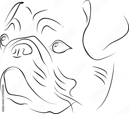 Outline of a pug's head. Dog on a white background. Design of greeting cards, posters, patches, prints on clothes, emblems. Pet.