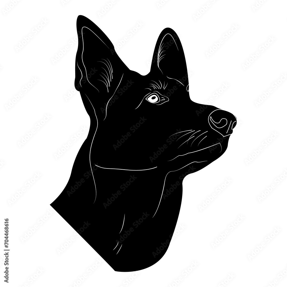 Black silhouette of a strict dog. Guard dog on a white background. Design of greeting cards, posters, patches, prints on clothes, emblems. Pet.