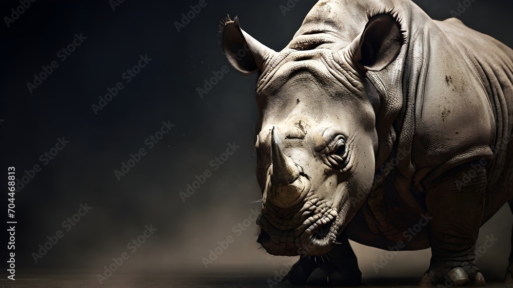 Close-up of an angry male rhino with textured background and huge space for text, background image, generative AI Close-up of an angry male rhino with textured background and huge space for text, background image, generative AI