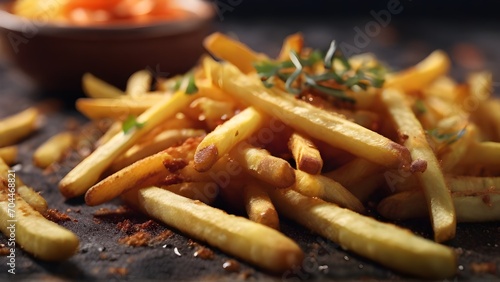 A close-up of seasoned French fries with visible texture and seasoning with space for text, background image, generative AI