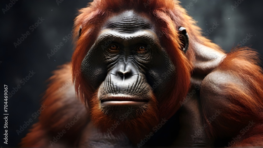 Close-up of an awesome male orangutan with textured background and space for text, background image, generative AI Close-up of an awesome male orangutan with textured background and space for text, background image, generative AI