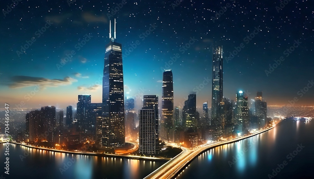 nighttime urban skyline with illuminated skyscrapers and cityscape technology in city architecture