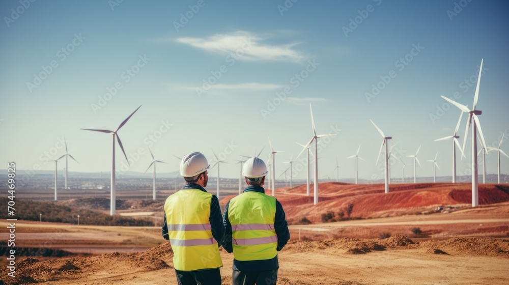 Rear view Two engineer walking and checking at the natural energy wind turbine station Rear view Two engineer walking and checking at the natural energy wind turbine station