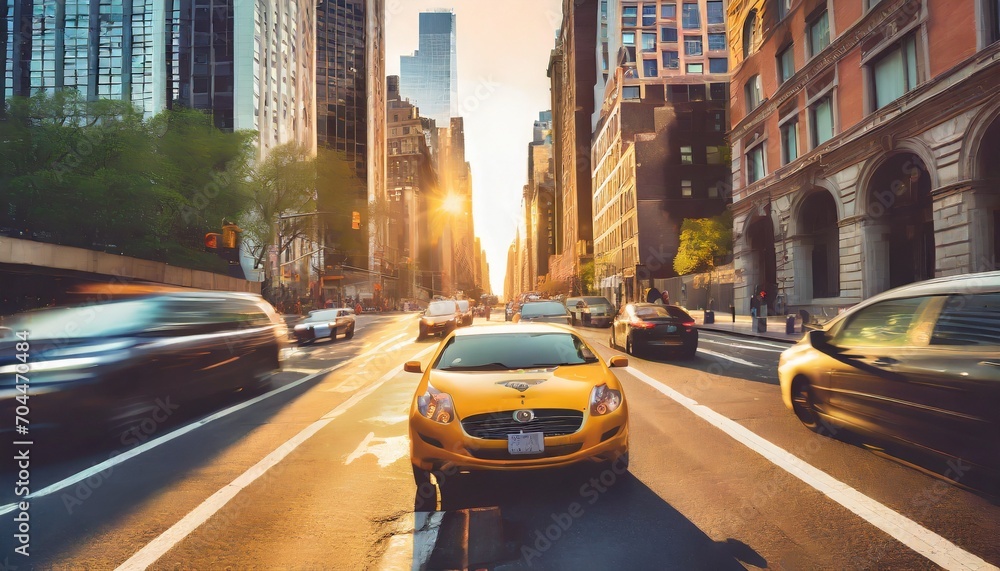 taxi driving through a busy intersection past the people in the intersection of 5th avenue and 23rd street in new york city with sunset background