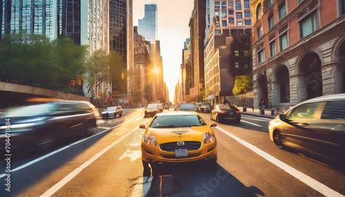 taxi driving through a busy intersection past the people in the intersection of 5th avenue and 23rd street in new york city with sunset background © Enzo