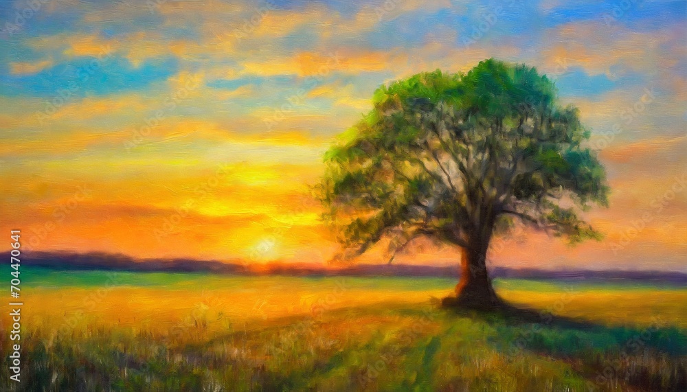 fantasy landscape with a big tree in the meadow at sunset digital oil painting impressionism impasto printable square wall art