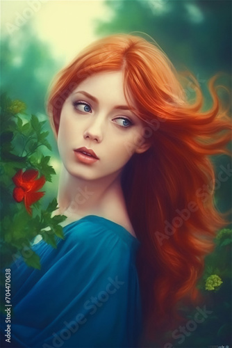 Redhair young woman with long hair blue eyes and flower, wearing blue blouse, natural light vertical portrait in green garden