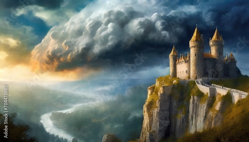 a storm brewing over a castle on a cliff fantasy concept illustration painting #704470865