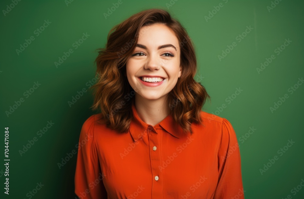 smiling girl in an orange shirt against a green wall smiling girl in an orange shirt against a green wall