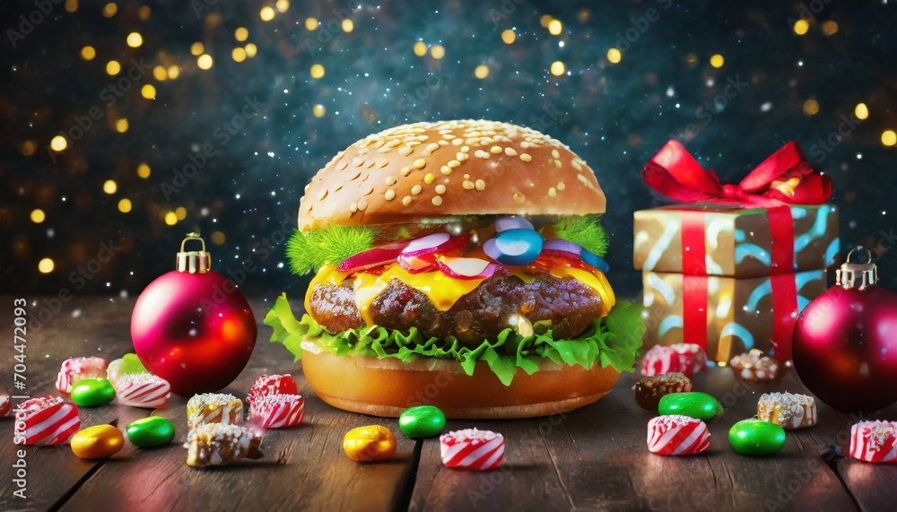 delicious christmas burger with candies and gifts on dark background