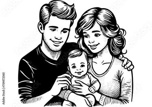 Eine junge Familie aus Mutter, Vater und Kind.