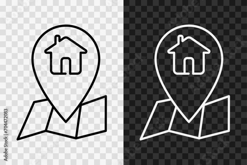 House point on the map line icon, high quality vector editable stroke symbol. Home delivery outline sign isolated on dark and light transparent background.