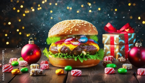 delicious christmas burger with candies and gifts on dark background