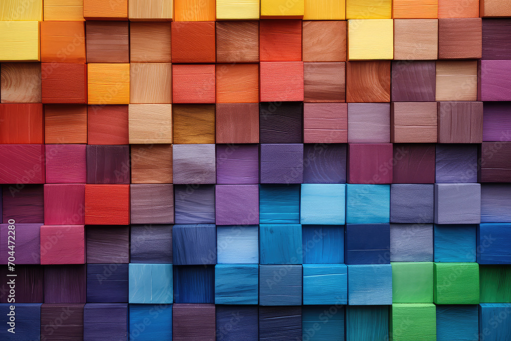 Colorful background of wooden blocks, showcasing a spectrum of hues ideal for artistic covers or creative projects. - obrazy, fototapety, plakaty 