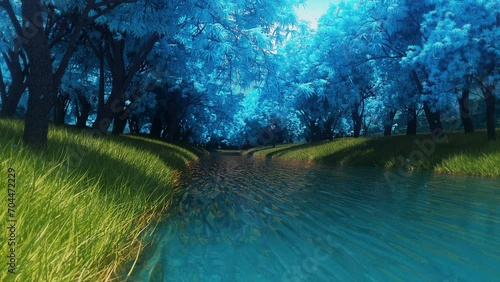 Flowing River Landscape in Daylight with Grass and Trees - Loop Nature Fantasy Background V2 photo