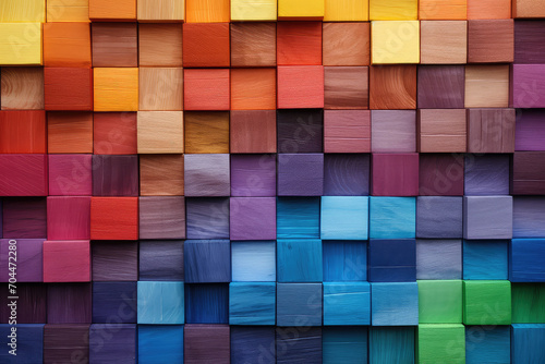 Colorful background of wooden blocks, showcasing a spectrum of hues ideal for artistic covers or creative projects. photo