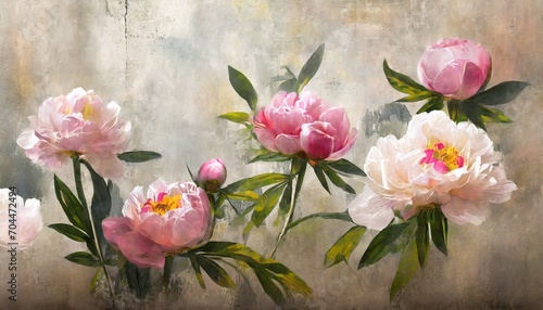 peonies flowers painted on a concrete grunge wall photo wallpaper wallpaper mural card postcard design in the modern loft style