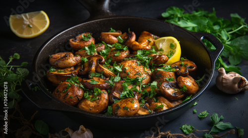 Fried mushrooms with fresh herbs in black cast