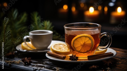 cup of tea with cinnamon sticks and lemon