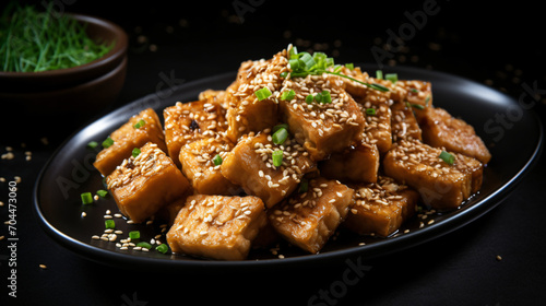 Fried tofu with sesame seeds and spices on black